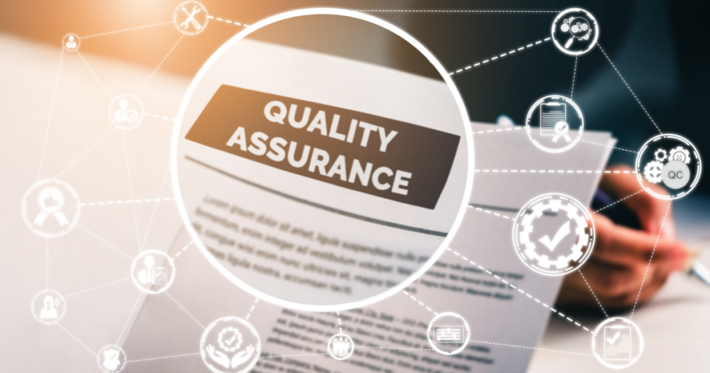 The word Quality Assurance with icons relating to quality including a tick, people, cogsand tools
