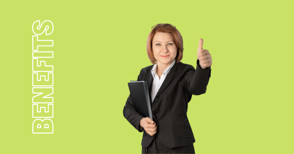 Female tutor doing a thumbs up. Caption "Benefits"