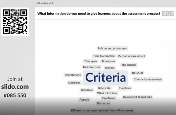 A screen print of a word cloud showing anonymous entries by learners showing formative assessment of knowledge