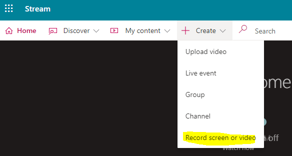 Screen print from Microsoft Stream showing how to record screen for formative assessment of work produced